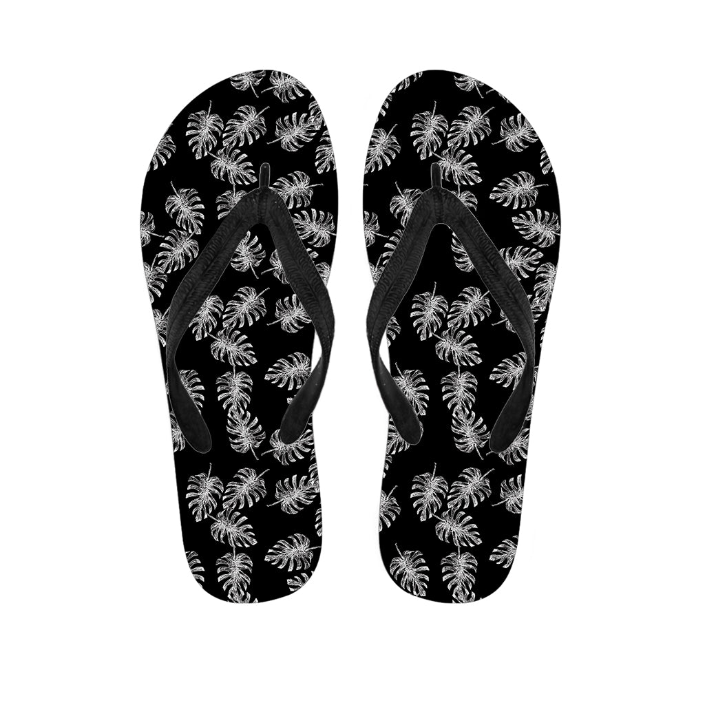Black And White Monstera Pattern Print Flip Flops