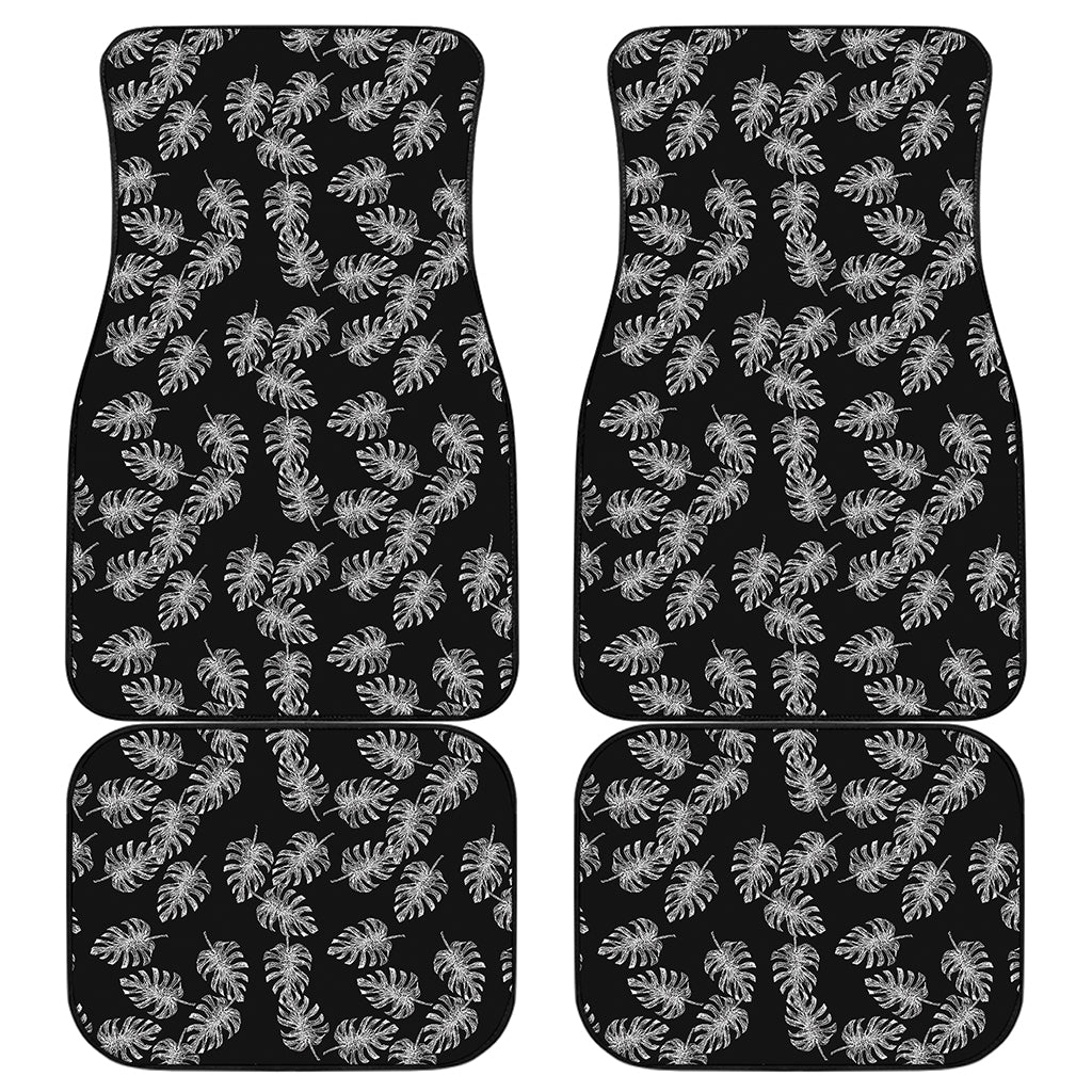 Black And White Monstera Pattern Print Front and Back Car Floor Mats