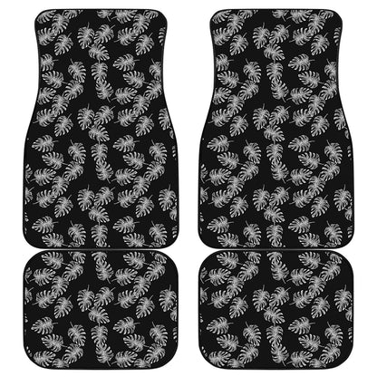 Black And White Monstera Pattern Print Front and Back Car Floor Mats