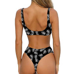 Black And White Monstera Pattern Print Front Bow Tie Bikini