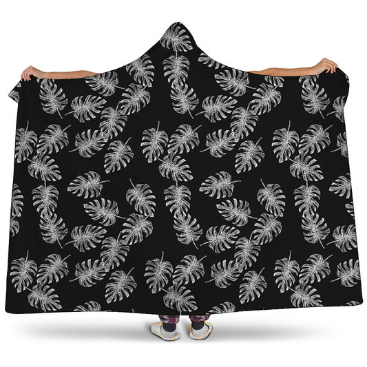 Black And White Monstera Pattern Print Hooded Blanket