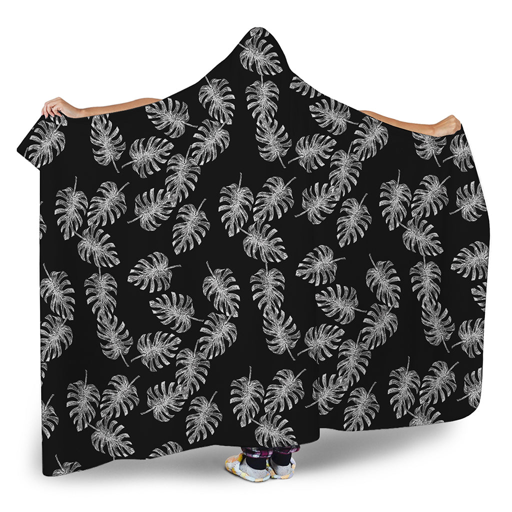 Black And White Monstera Pattern Print Hooded Blanket