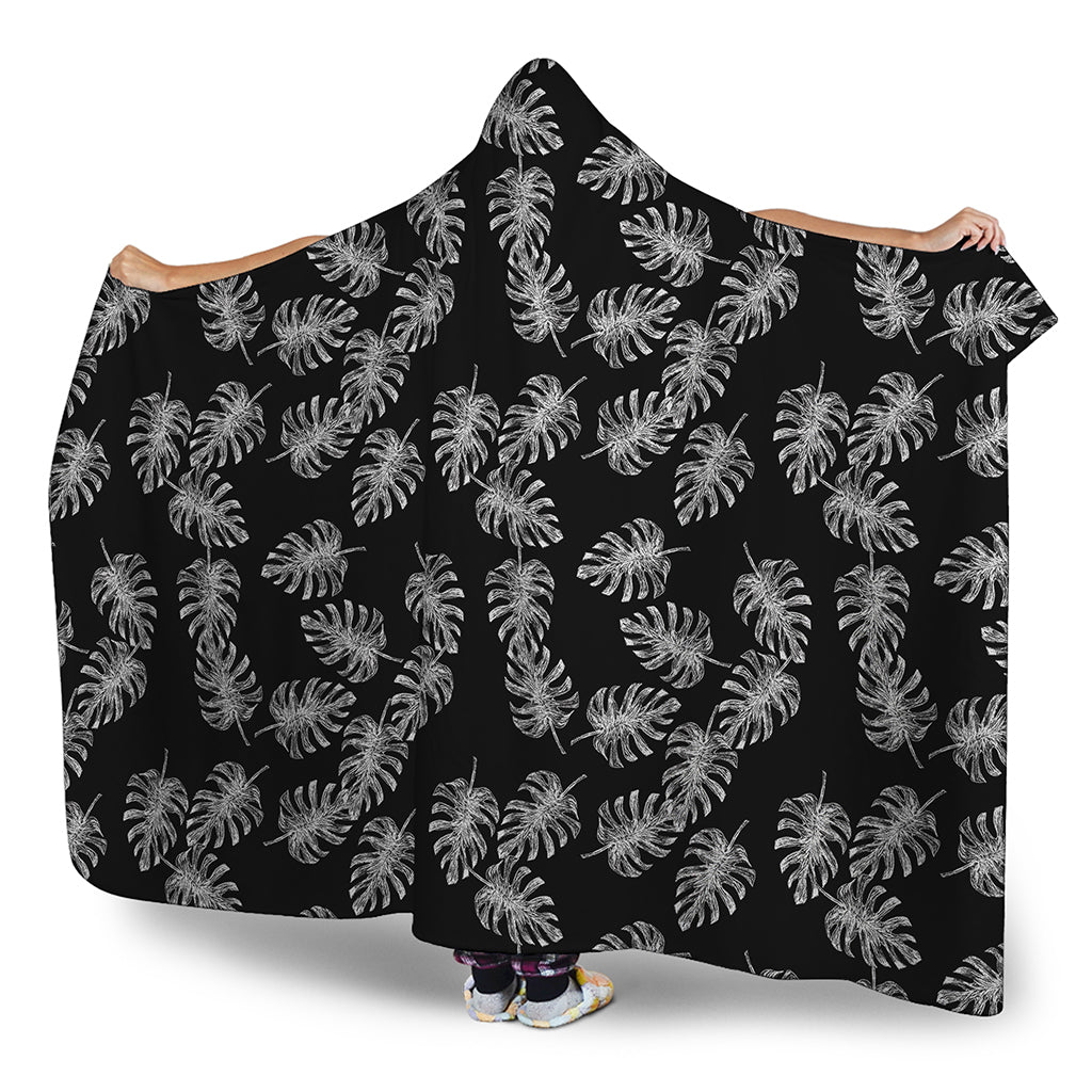 Black And White Monstera Pattern Print Hooded Blanket