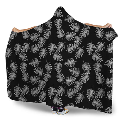 Black And White Monstera Pattern Print Hooded Blanket