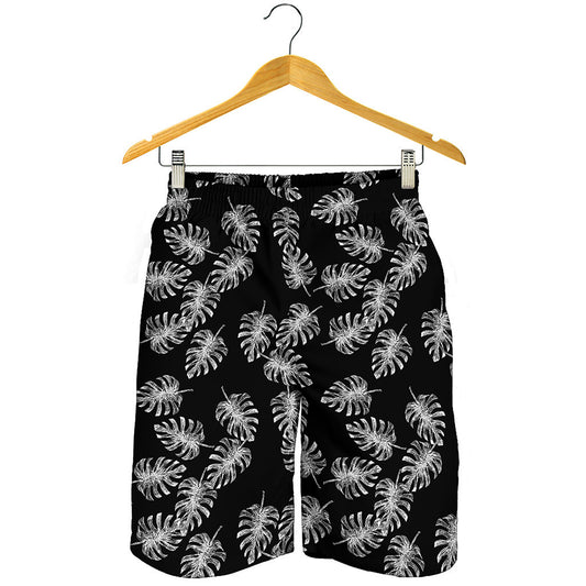 Black And White Monstera Pattern Print Men's Shorts
