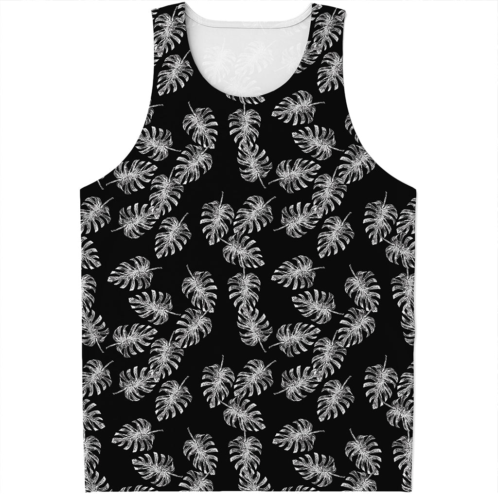 Black And White Monstera Pattern Print Men's Tank Top