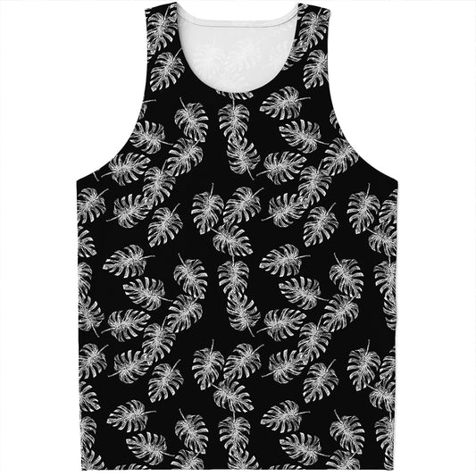 Black And White Monstera Pattern Print Men's Tank Top