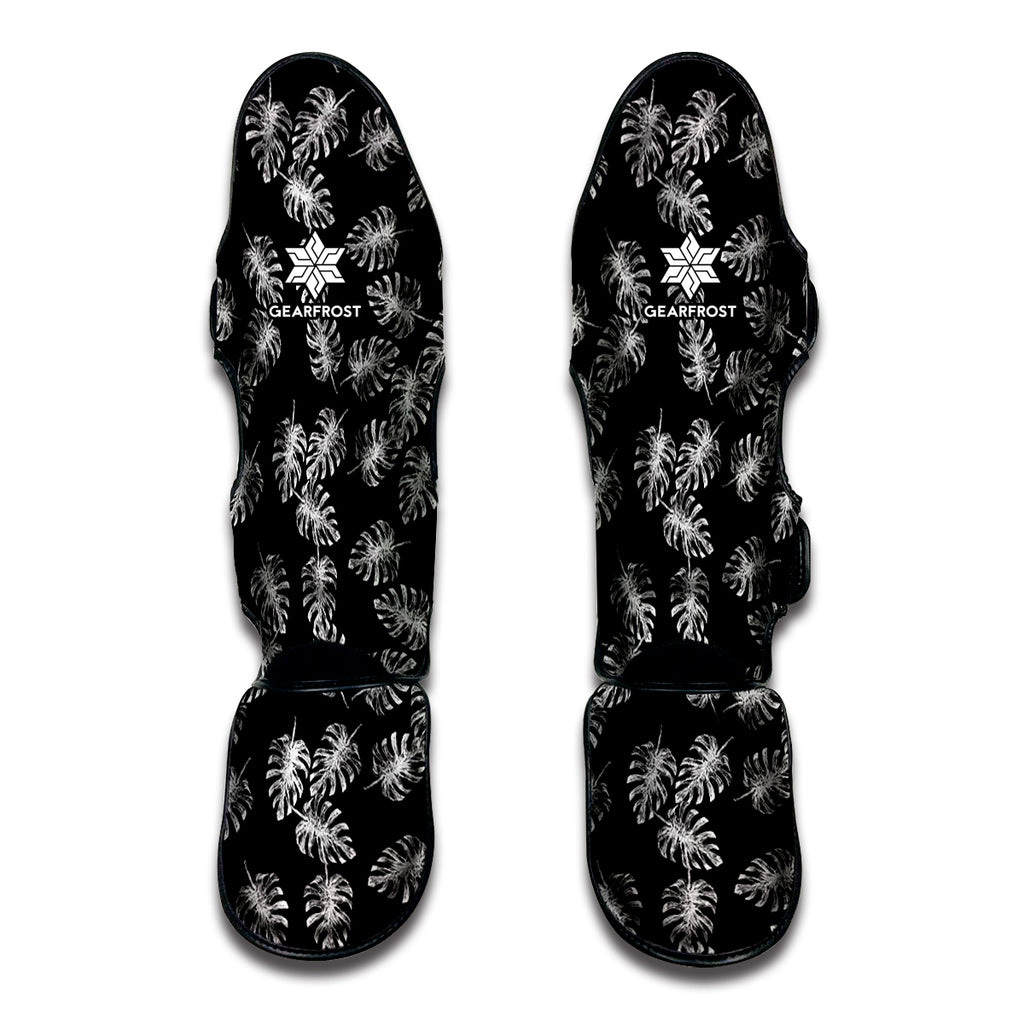 Black And White Monstera Pattern Print Muay Thai Shin Guard