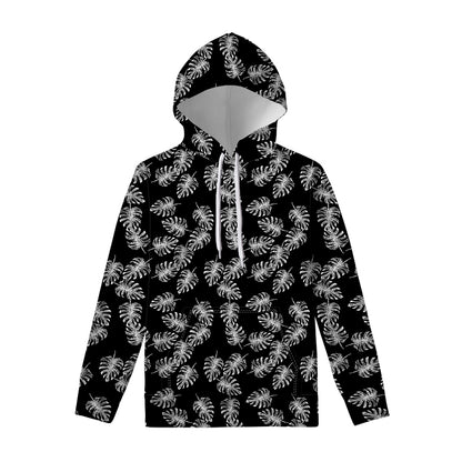 Black And White Monstera Pattern Print Pullover Hoodie
