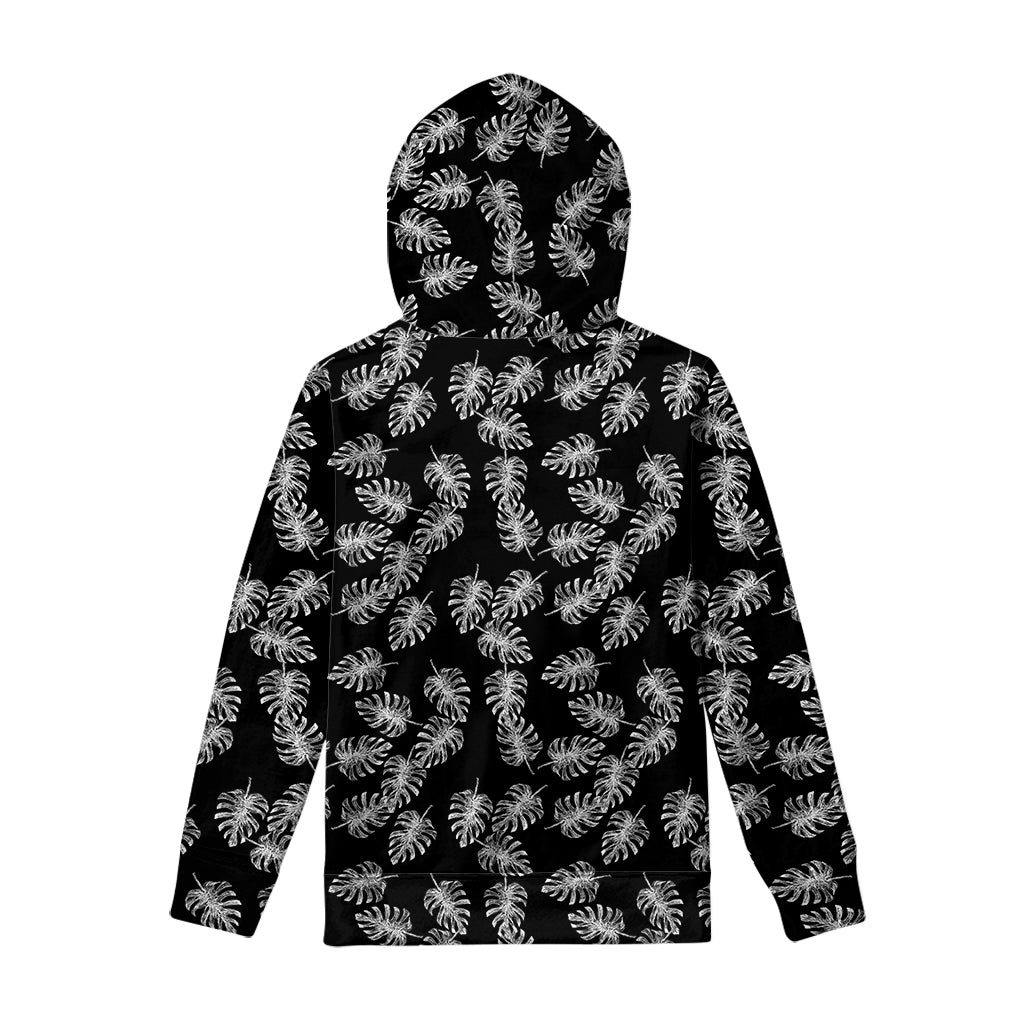 Black And White Monstera Pattern Print Pullover Hoodie