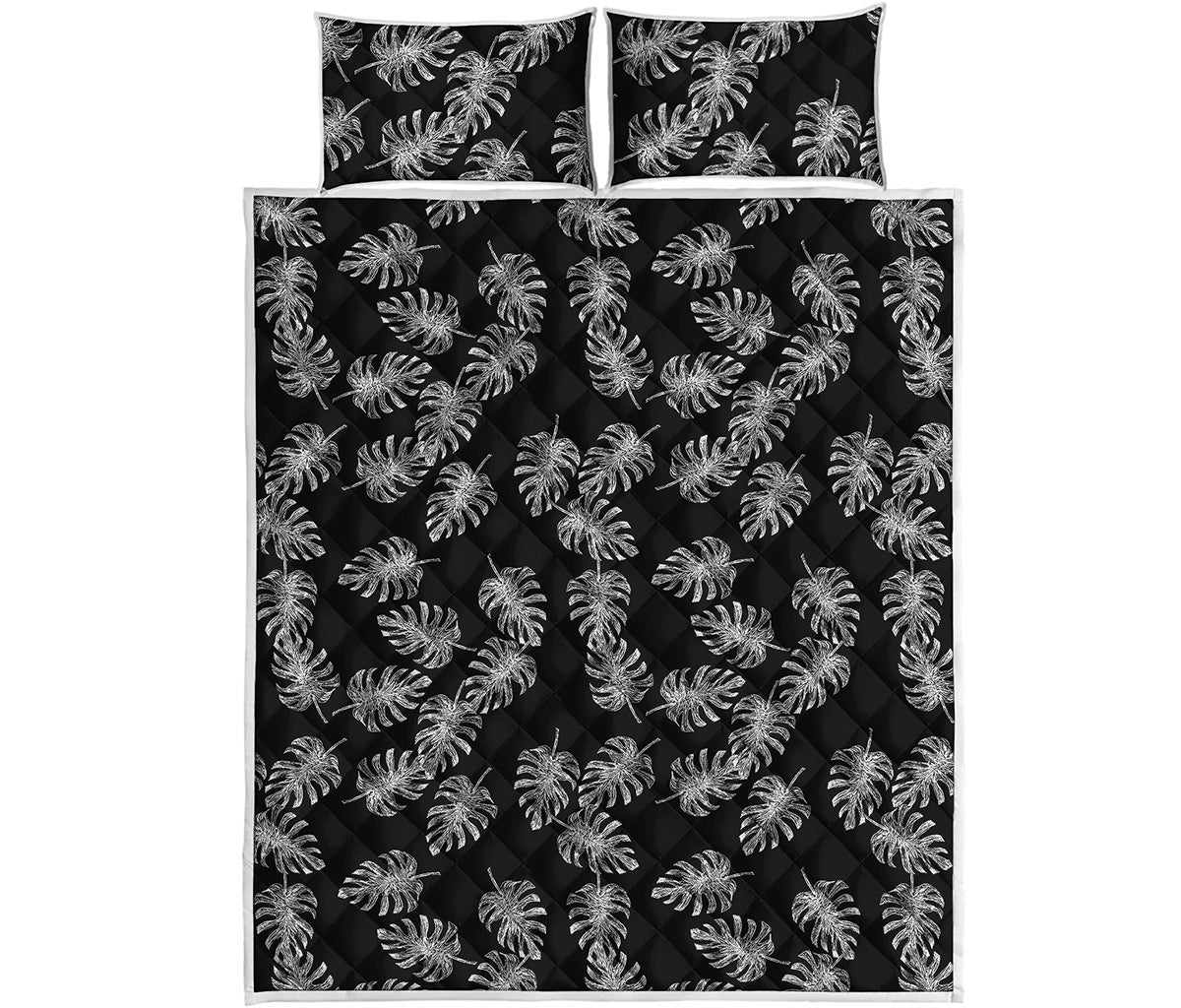 Black And White Monstera Pattern Print Quilt Bed Set