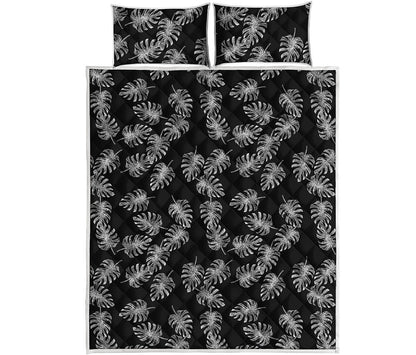 Black And White Monstera Pattern Print Quilt Bed Set