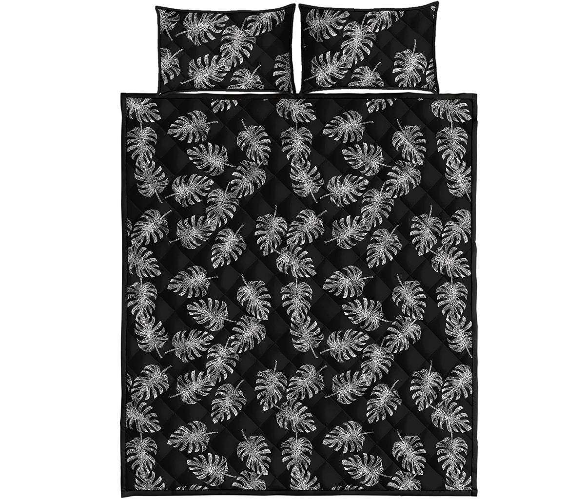 Black And White Monstera Pattern Print Quilt Bed Set