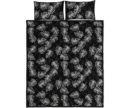 Black And White Monstera Pattern Print Quilt Bed Set
