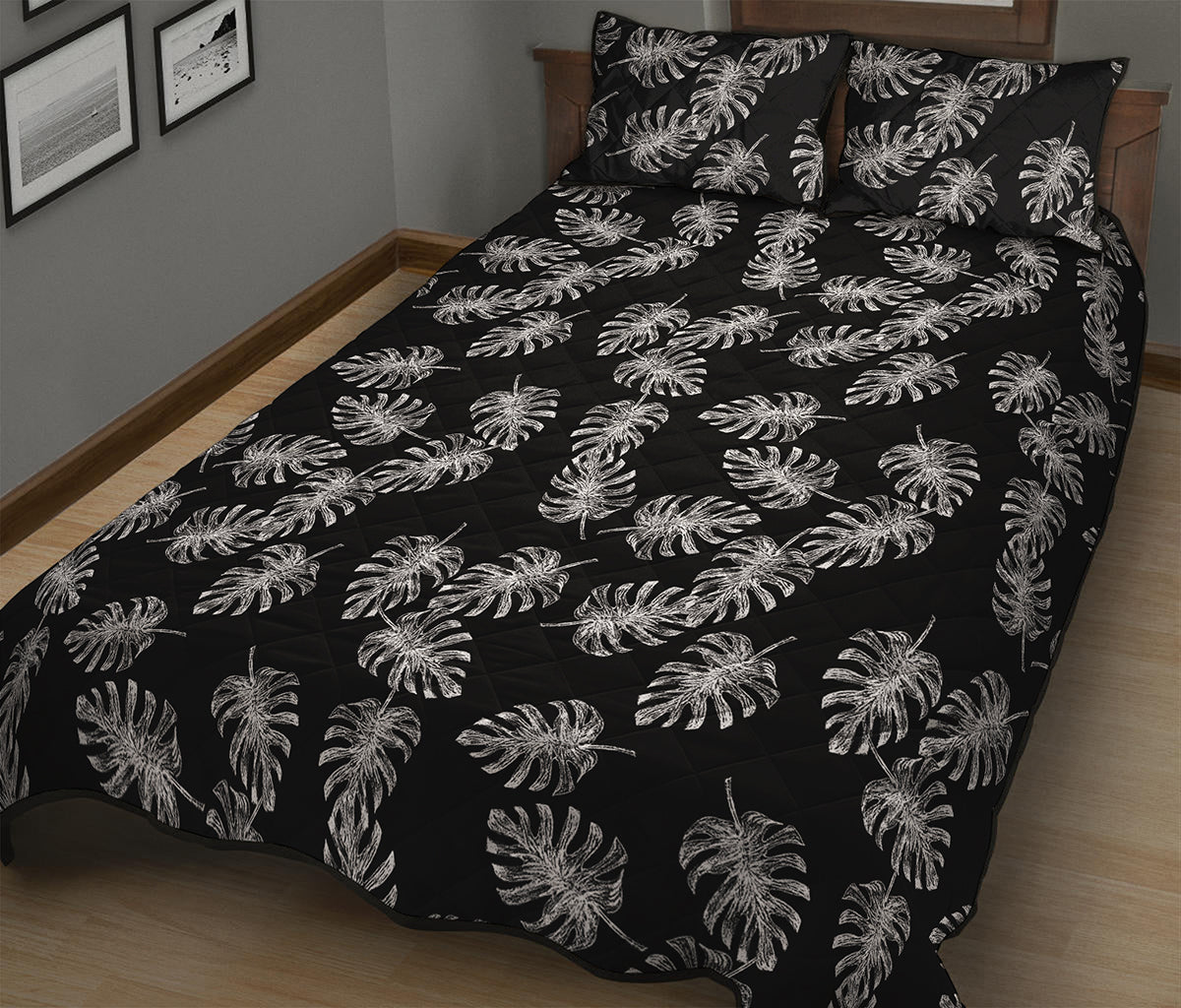 Black And White Monstera Pattern Print Quilt Bed Set