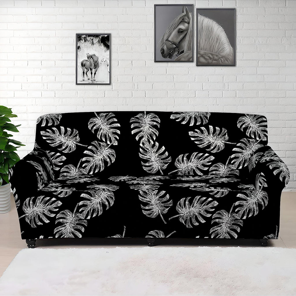 Black And White Monstera Pattern Print Sofa Cover