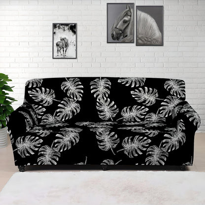 Black And White Monstera Pattern Print Sofa Cover