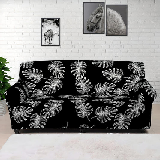 Black And White Monstera Pattern Print Sofa Cover
