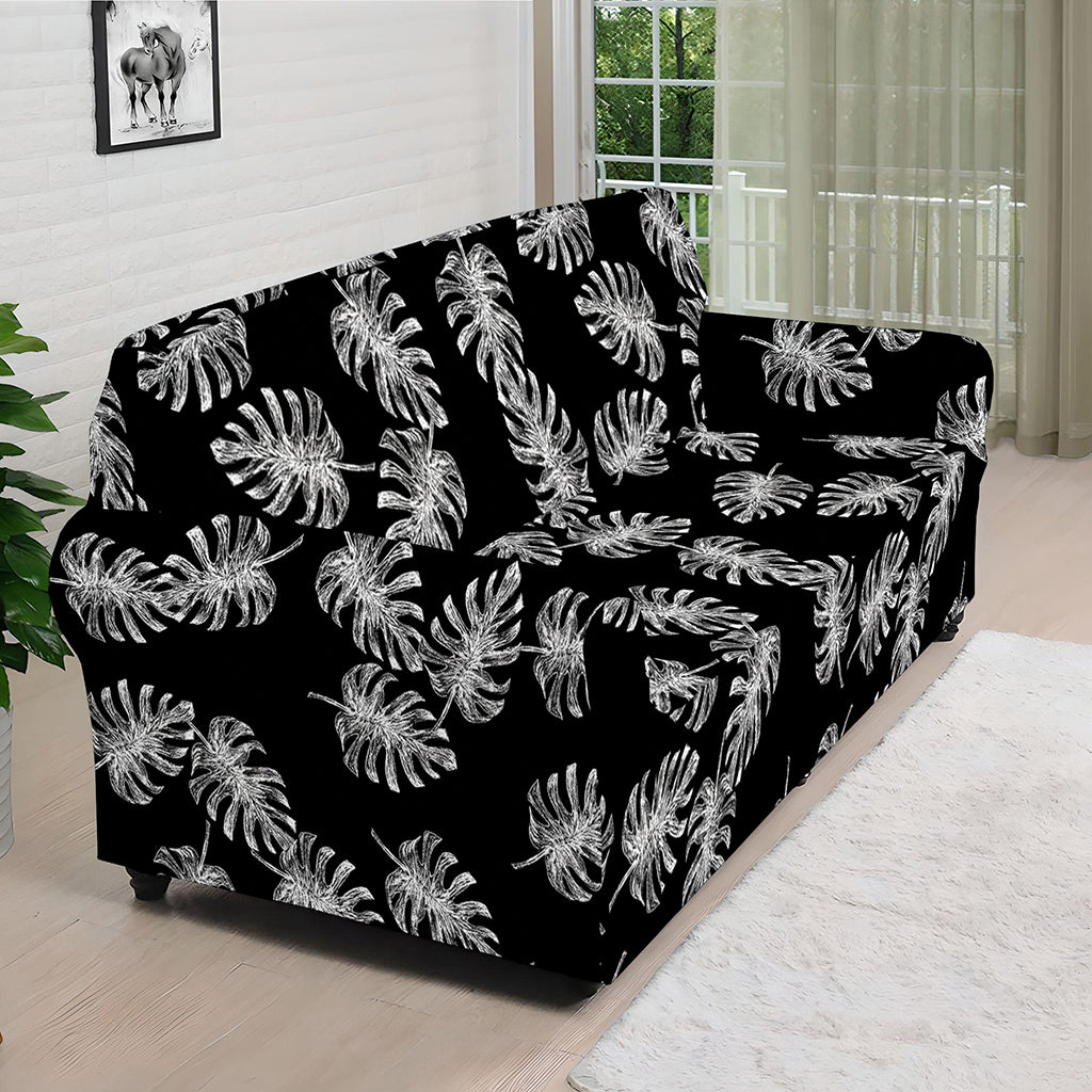 Black And White Monstera Pattern Print Sofa Cover