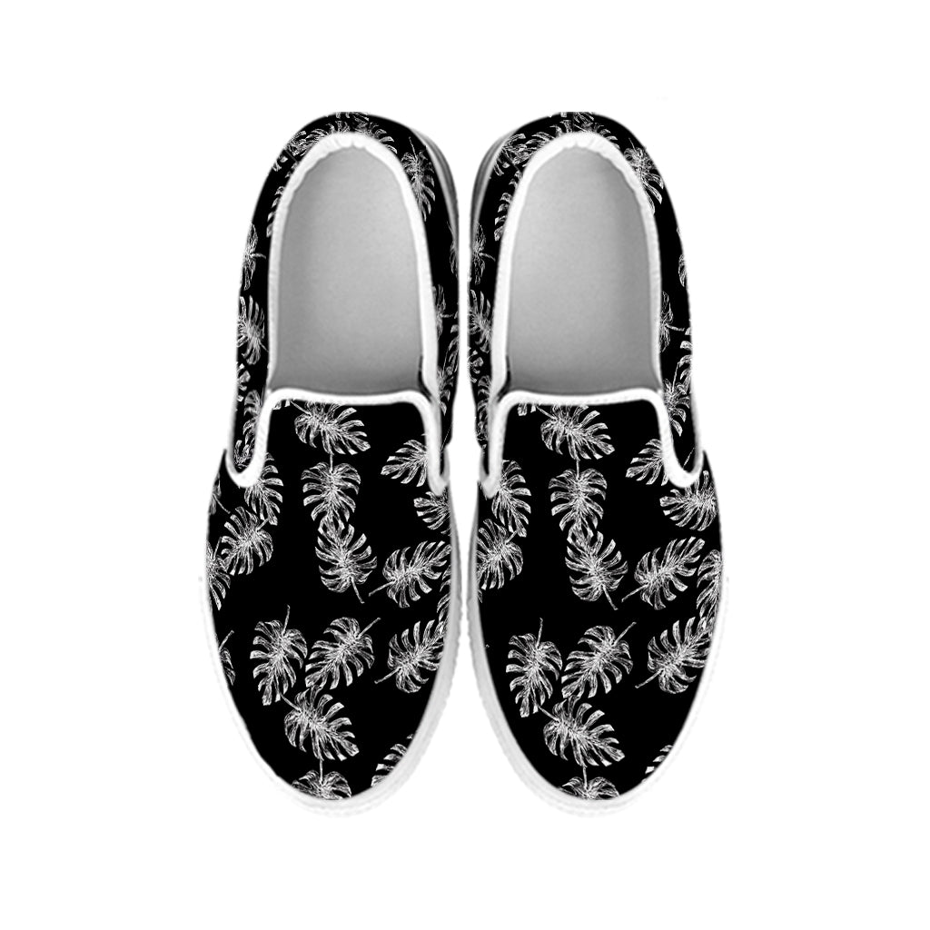 Black And White Monstera Pattern Print White Slip On Shoes