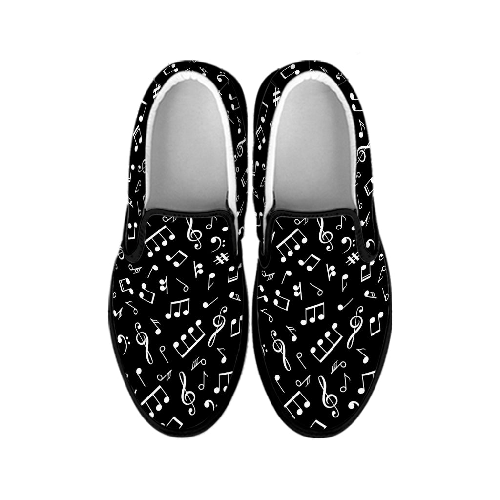 Black And White Music Note Pattern Print Black Slip On Shoes
