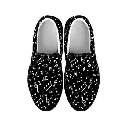 Black And White Music Note Pattern Print Black Slip On Shoes