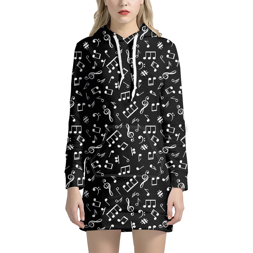Black And White Music Note Pattern Print Hoodie Dress