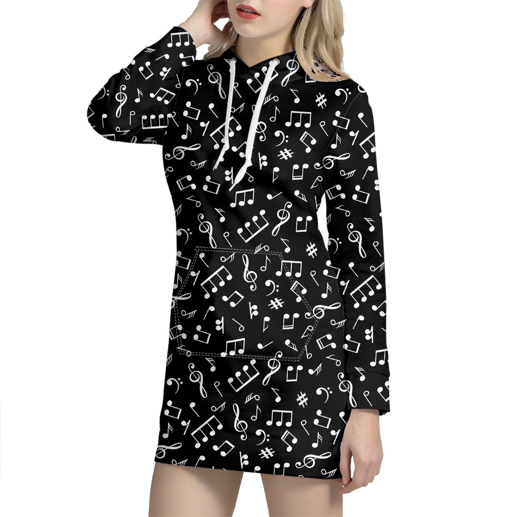 Black And White Music Note Pattern Print Hoodie Dress