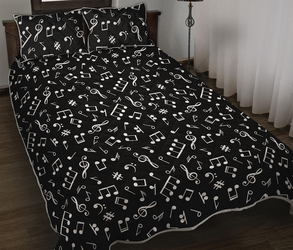 Black And White Music Note Pattern Print Quilt Bed Set