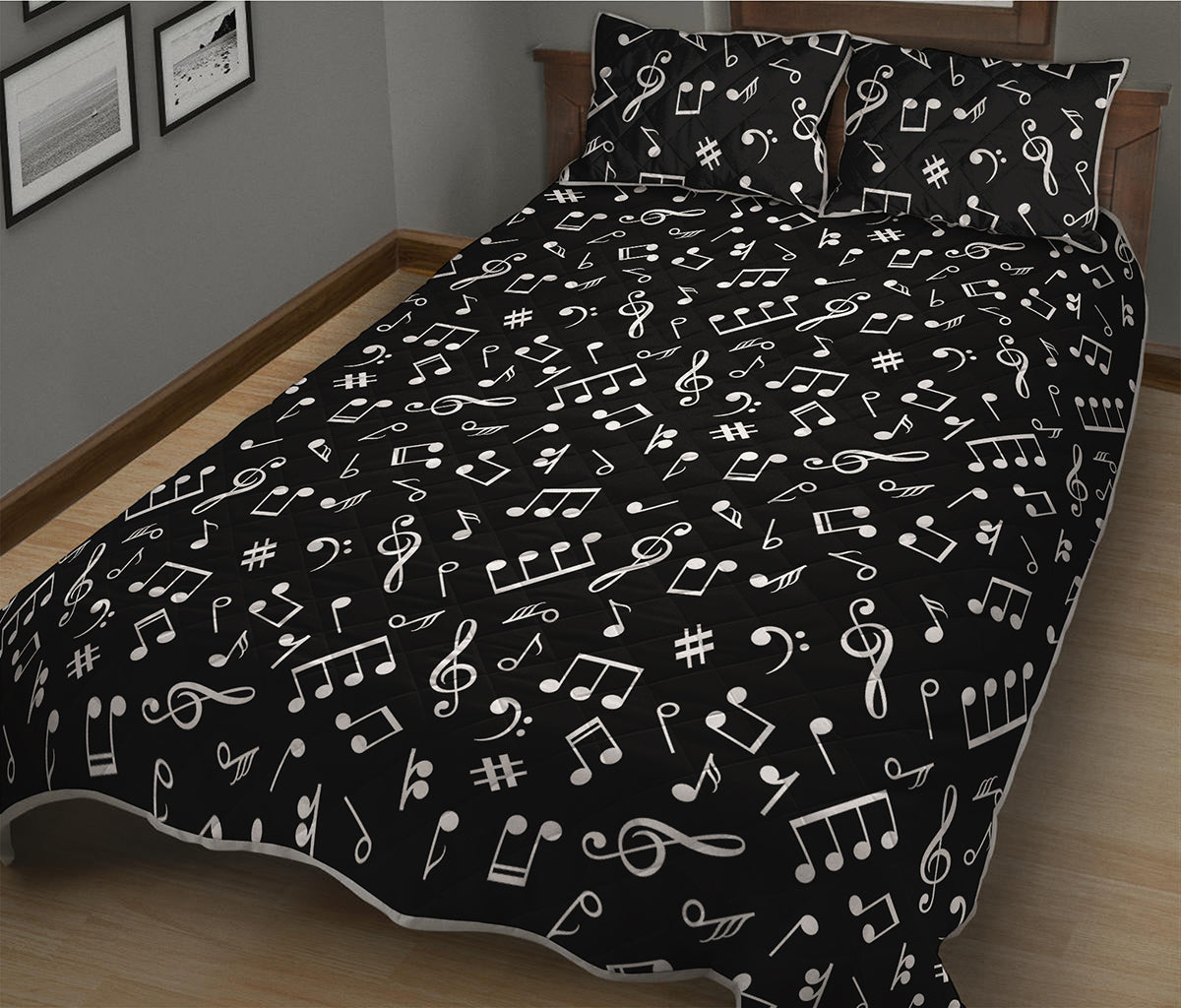 Black And White Music Note Pattern Print Quilt Bed Set