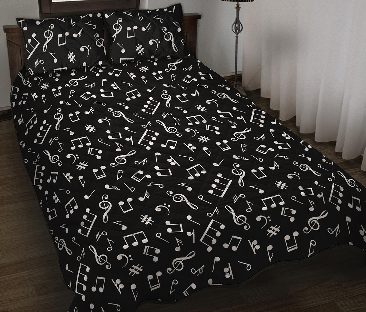 Black And White Music Note Pattern Print Quilt Bed Set