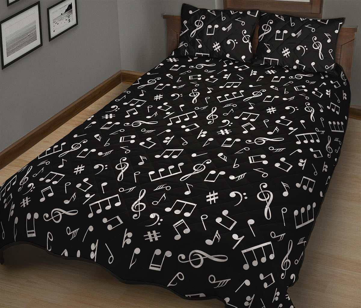 Black And White Music Note Pattern Print Quilt Bed Set