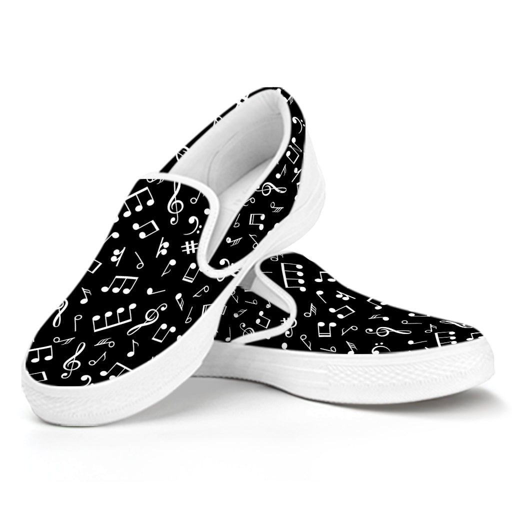 Black And White Music Note Pattern Print White Slip On Shoes