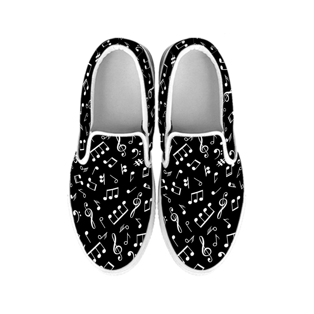 Black And White Music Note Pattern Print White Slip On Shoes