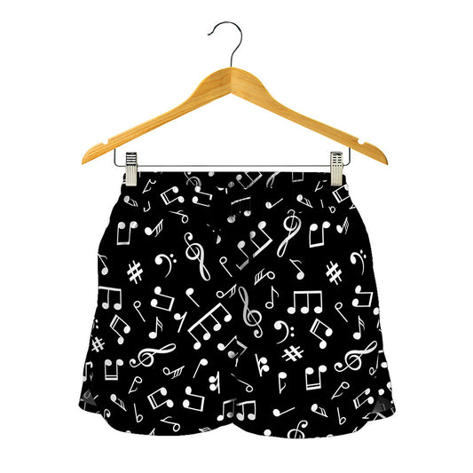 Black And White Music Note Pattern Print Women's Shorts