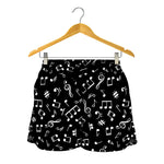 Black And White Music Note Pattern Print Women's Shorts
