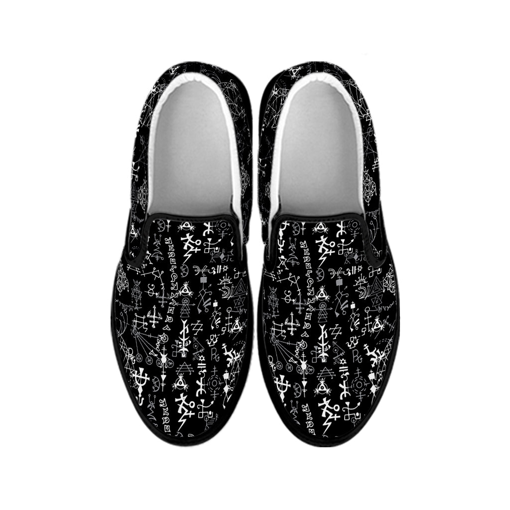 Black And White Mystic Wicca Print Black Slip On Shoes