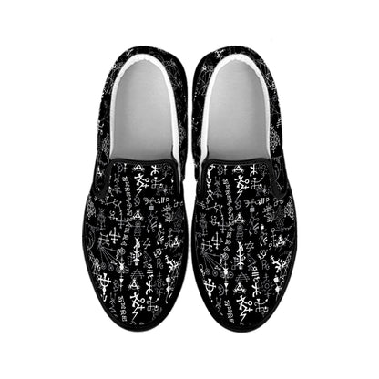 Black And White Mystic Wicca Print Black Slip On Shoes