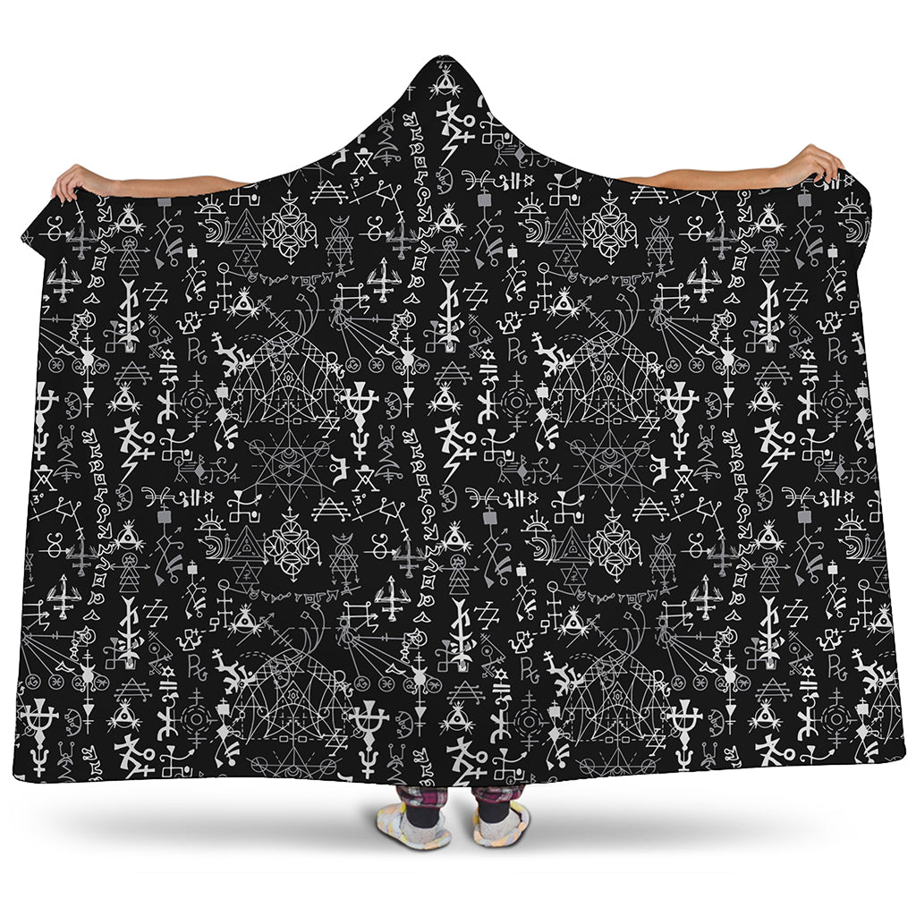 Black And White Mystic Wicca Print Hooded Blanket