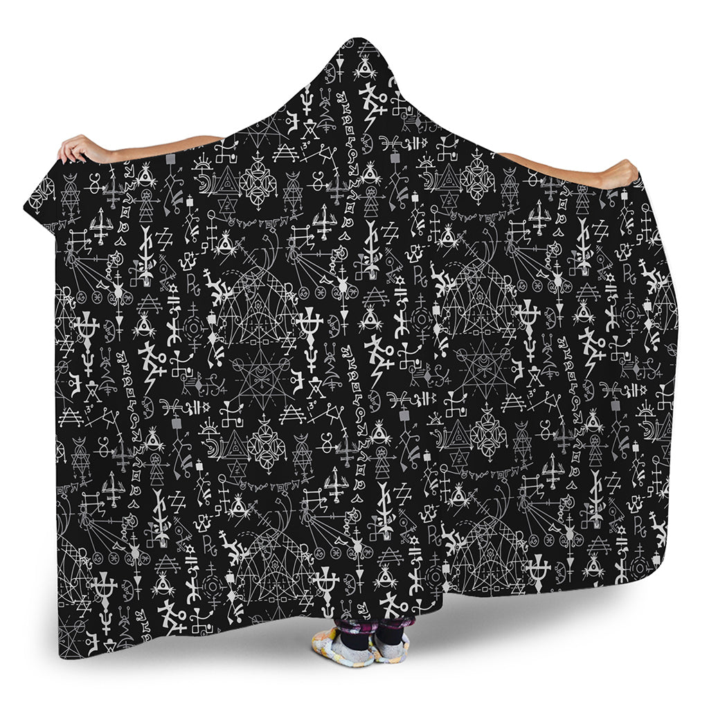 Black And White Mystic Wicca Print Hooded Blanket