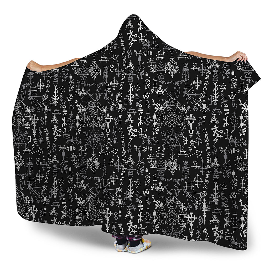 Black And White Mystic Wicca Print Hooded Blanket