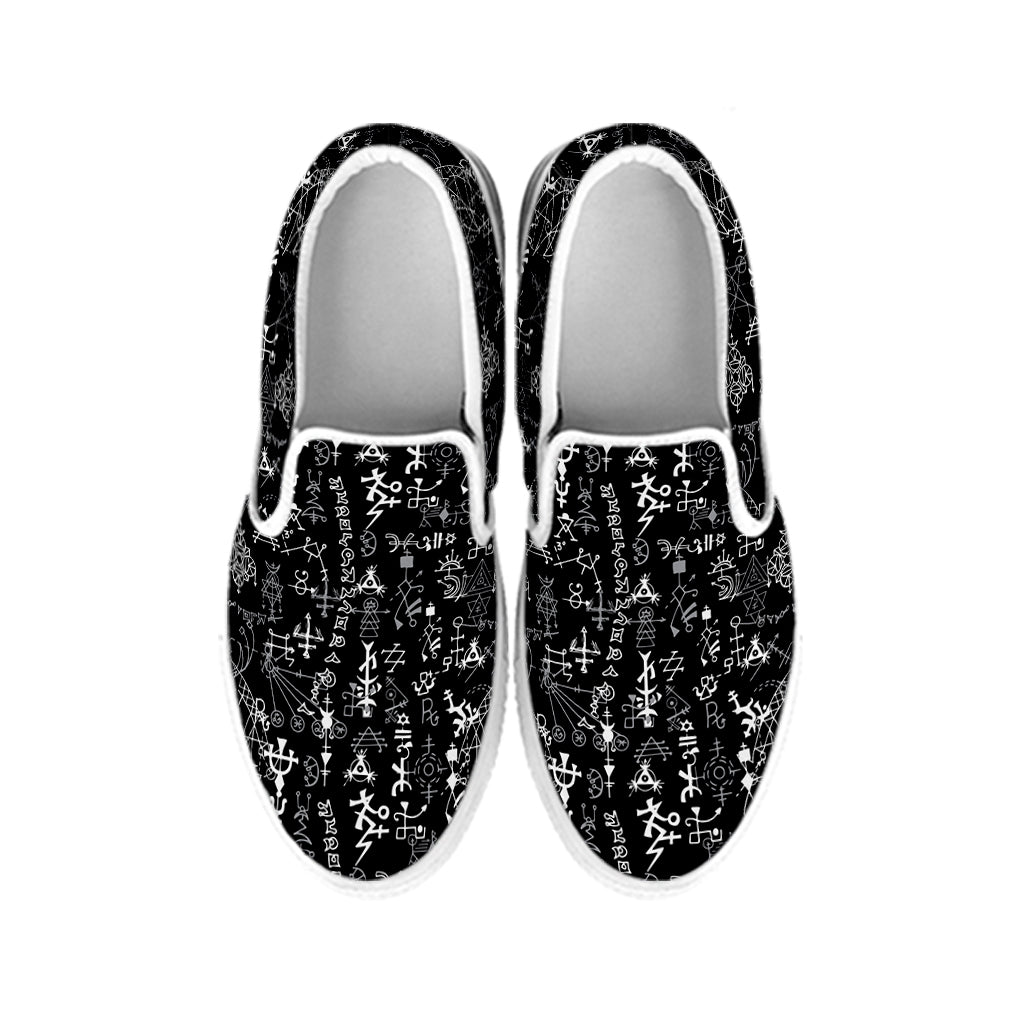 Black And White Mystic Wicca Print White Slip On Shoes