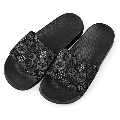 Black And White Mystic Witch Print Black Slide Sandals
