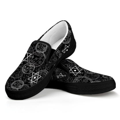 Black And White Mystic Witch Print Black Slip On Shoes