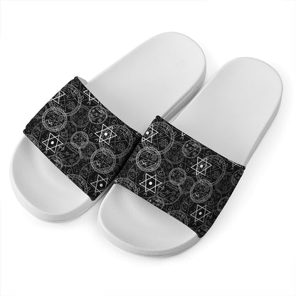 Black And White Mystic Witch Print White Slide Sandals
