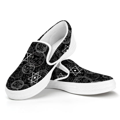 Black And White Mystic Witch Print White Slip On Shoes