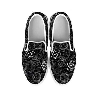 Black And White Mystic Witch Print White Slip On Shoes