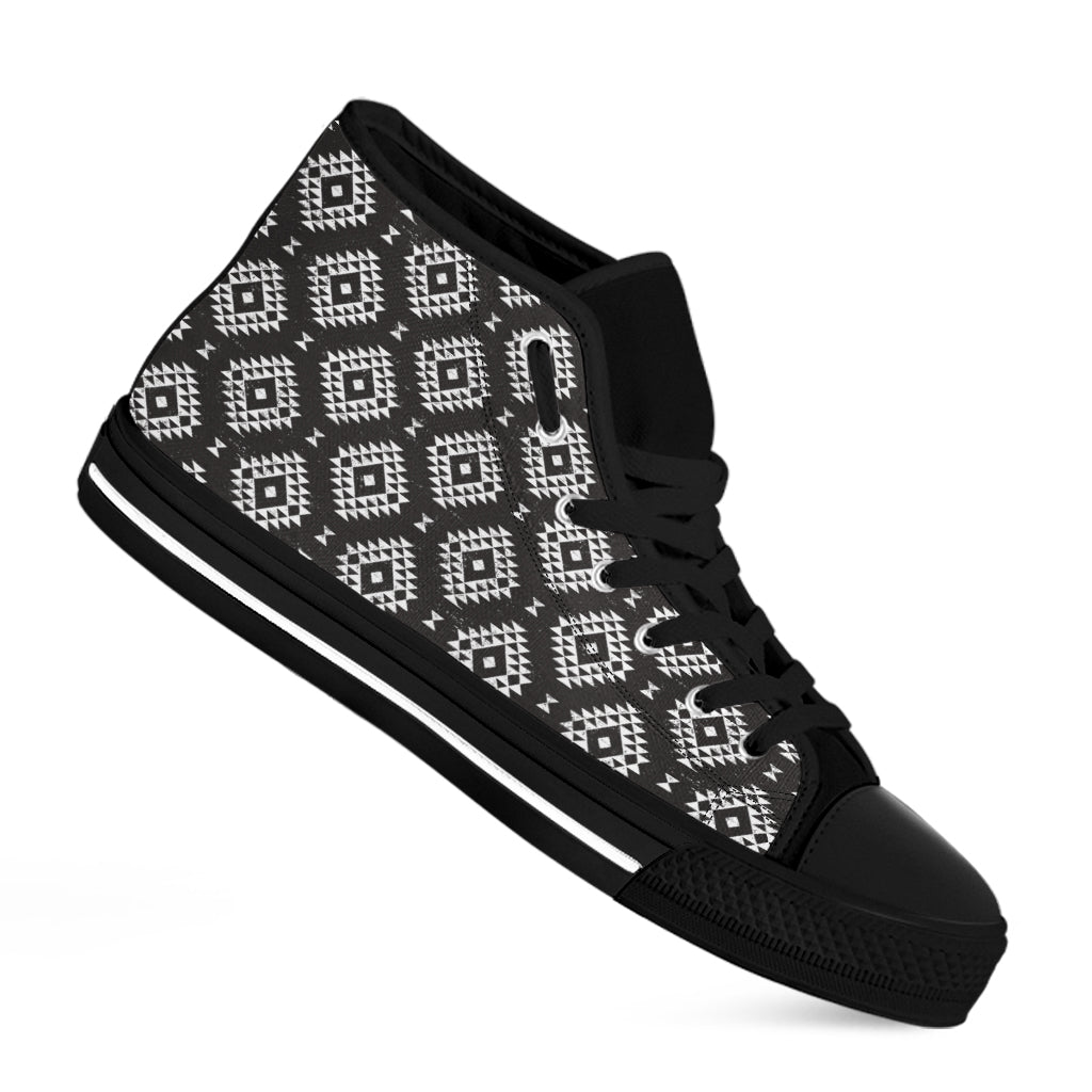 Black And White Navajo Pattern Print Black High Top Shoes