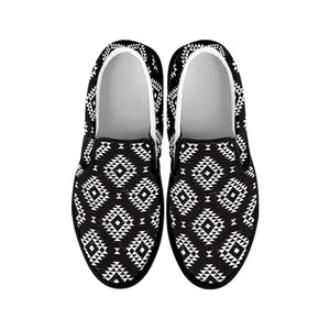 Black And White Navajo Pattern Print Black Slip On Shoes