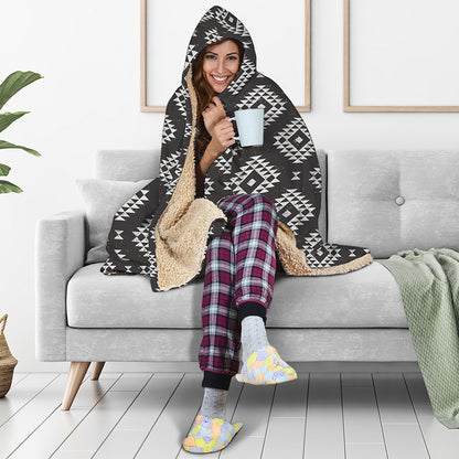 Black And White Navajo Pattern Print Hooded Blanket